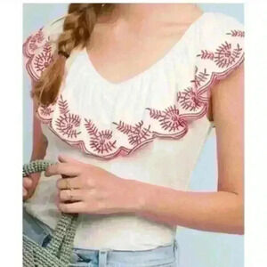 Moulinette Soeurs Julieta Embroidered Flounce Top by Anthropologie Size xs